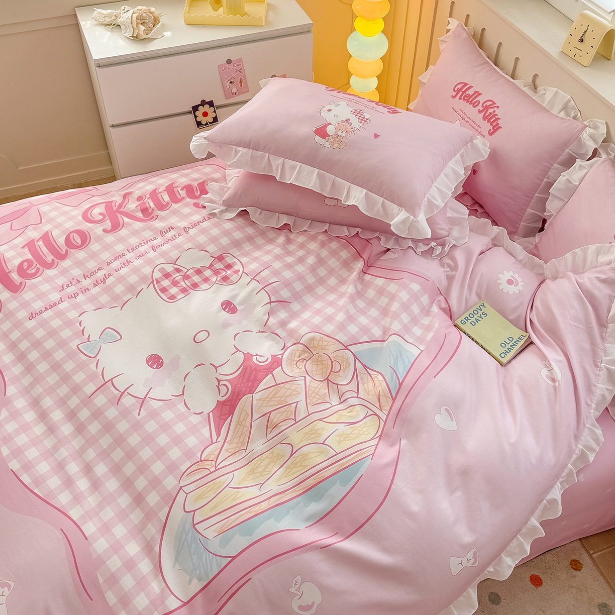 91家纺网 家纺一手货源 找家纺 玉元坊 2026新款三丽鸥正版授权凯蒂猫床单床笠床裙全棉纯棉三四件套 心动凯蒂-白花边