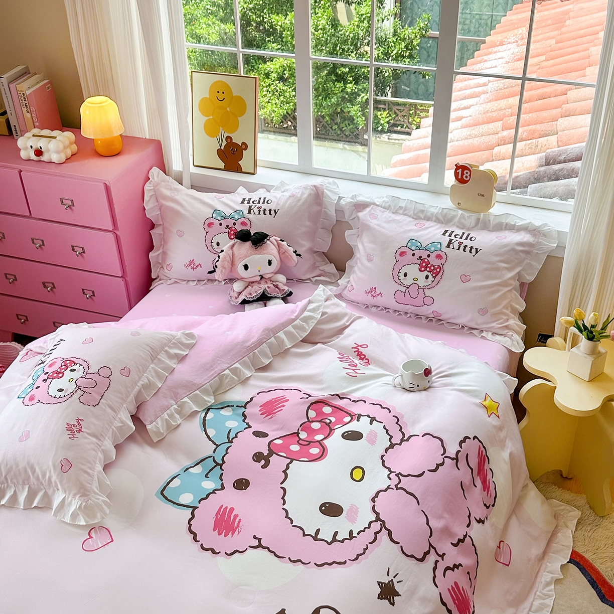 91家纺网 家纺一手货源 找家纺 玉元坊 2026新款三丽鸥正版授权凯蒂猫床单床笠床裙全棉纯棉三四件套 宝宝凯蒂猫-白花边