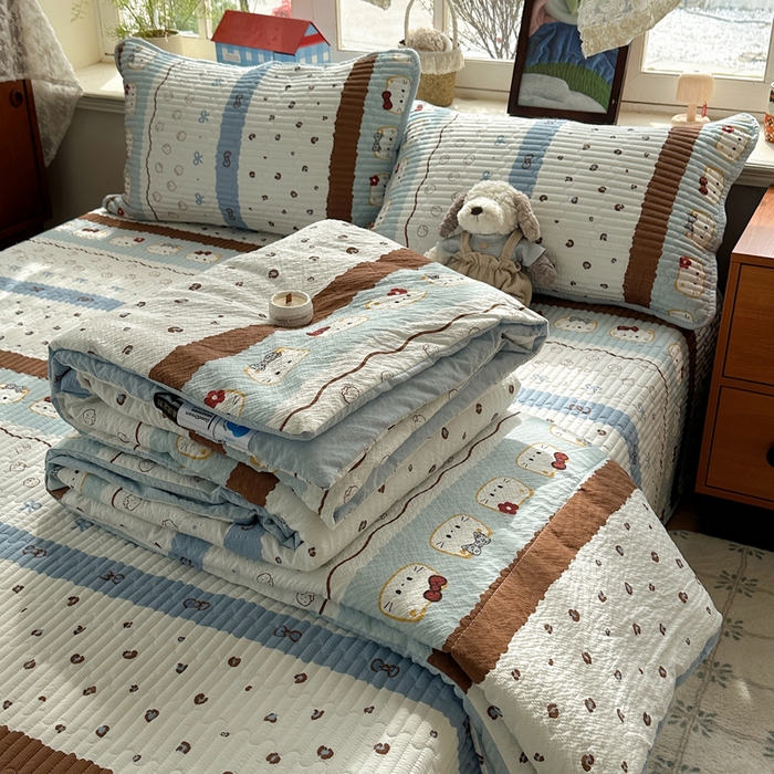 贝扬思家纺 2026春夏新款高品质A类泡芙纱床盖夏被夏凉被空调被四件套-青提系列 青提-可可小猫条