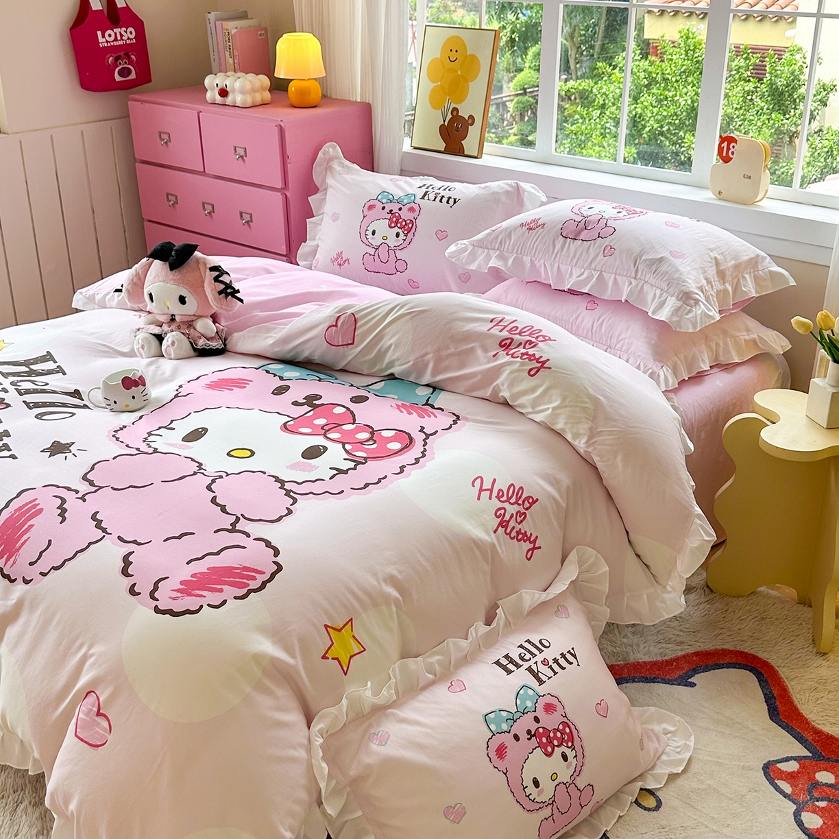 91家纺网 家纺一手货源 找家纺 玉元坊 2026新款三丽鸥正版授权凯蒂猫床单床笠床裙全棉纯棉三四件套 宝宝凯蒂猫-白花边