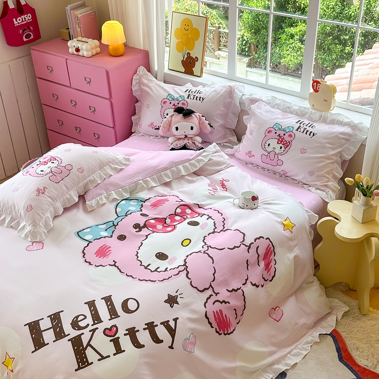 91家纺网 家纺一手货源 找家纺 玉元坊 2026新款三丽鸥正版授权凯蒂猫床单床笠床裙全棉纯棉三四件套 宝宝凯蒂猫-白花边