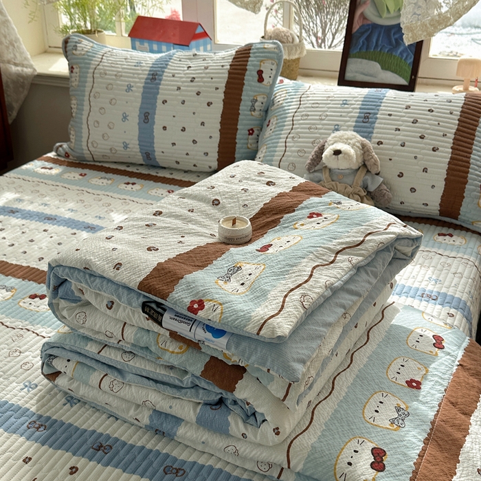 91家纺网 家纺一手货源 找家纺 贝扬思家纺 2026春夏新款高品质A类泡芙纱床盖夏被夏凉被空调被四件套-青提系列 青提-可可小猫条