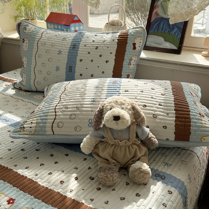 91家纺网 家纺一手货源 找家纺 贝扬思家纺 2026春夏新款高品质A类泡芙纱床盖夏被夏凉被空调被四件套-青提系列 青提-可可小猫条