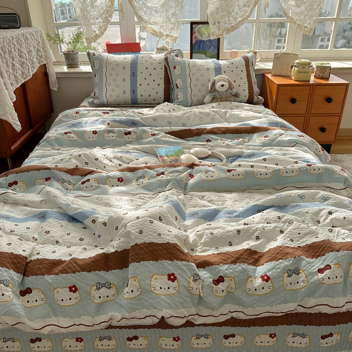 91家纺网 家纺一手货源 找家纺 贝扬思家纺 2026春夏新款高品质A类泡芙纱床盖夏被夏凉被空调被四件套-青提系列 青提-可可小猫条