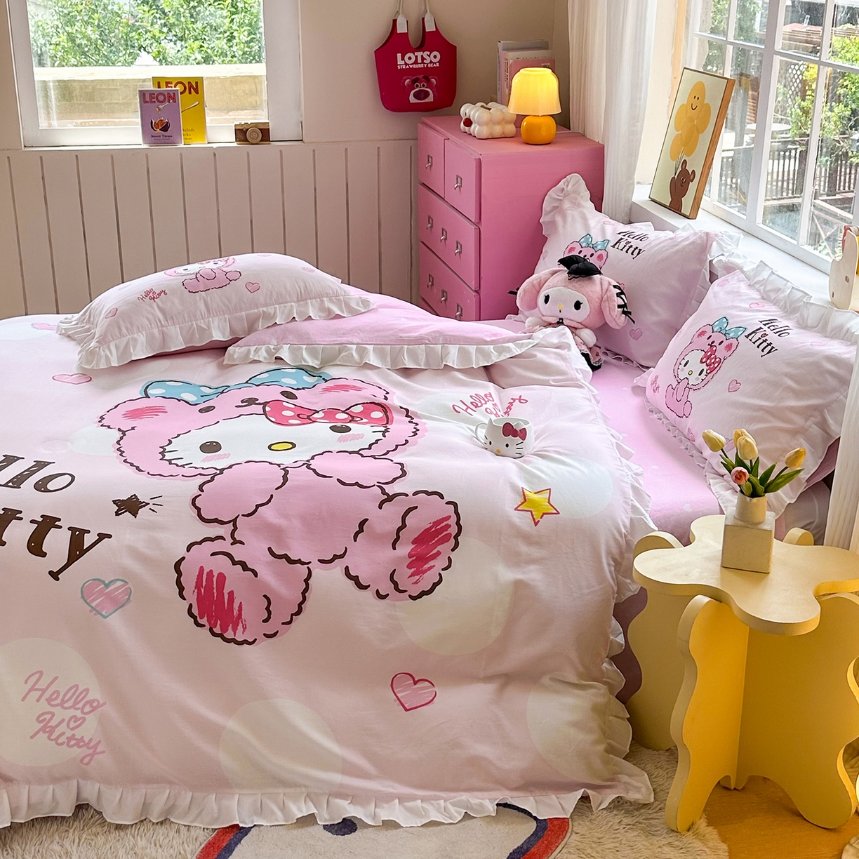 91家纺网 家纺一手货源 找家纺 玉元坊 2026新款三丽鸥正版授权凯蒂猫床单床笠床裙全棉纯棉三四件套 宝宝凯蒂猫-白花边