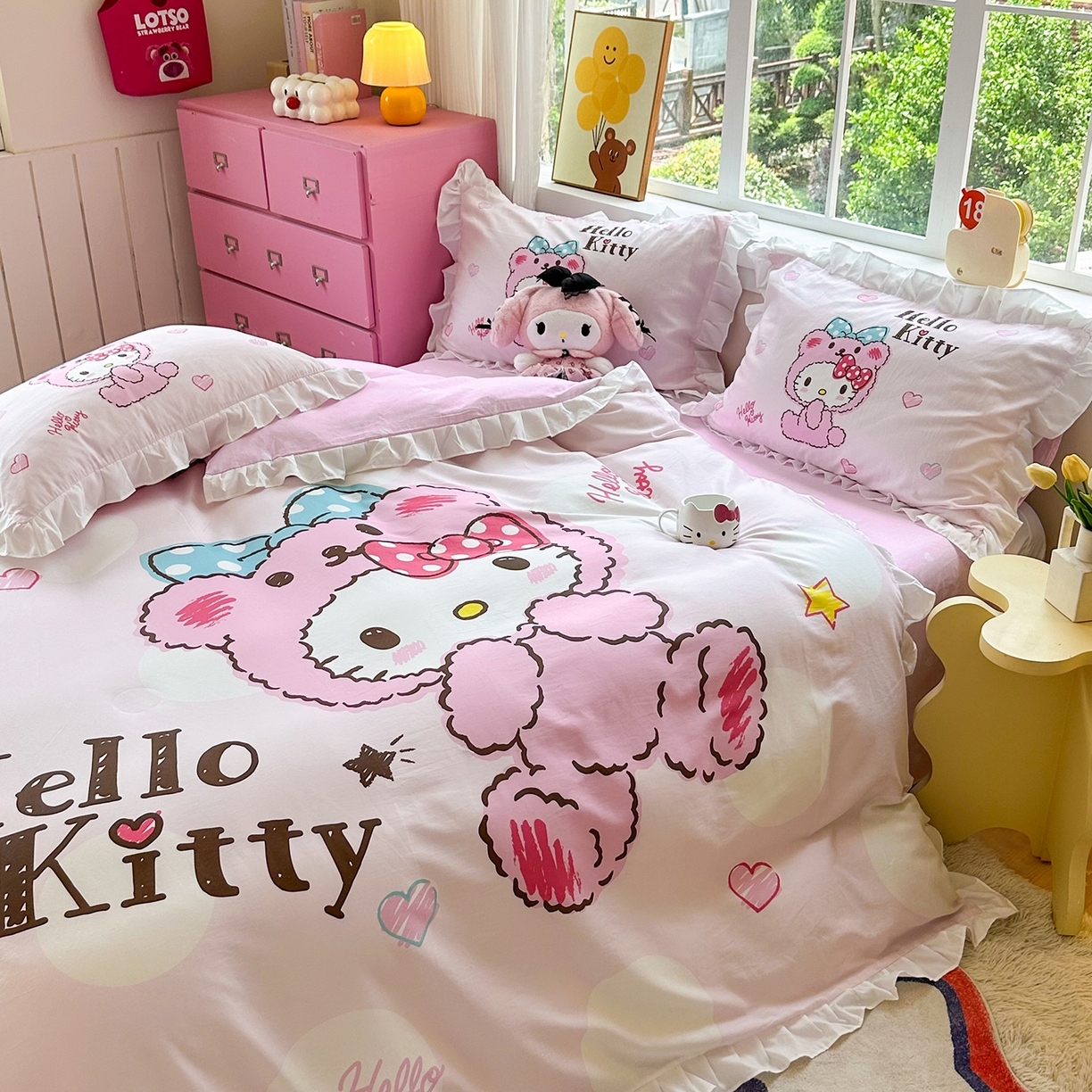 91家纺网 家纺一手货源 找家纺 玉元坊 2026新款三丽鸥正版授权凯蒂猫床单床笠床裙全棉纯棉三四件套 宝宝凯蒂猫-白花边