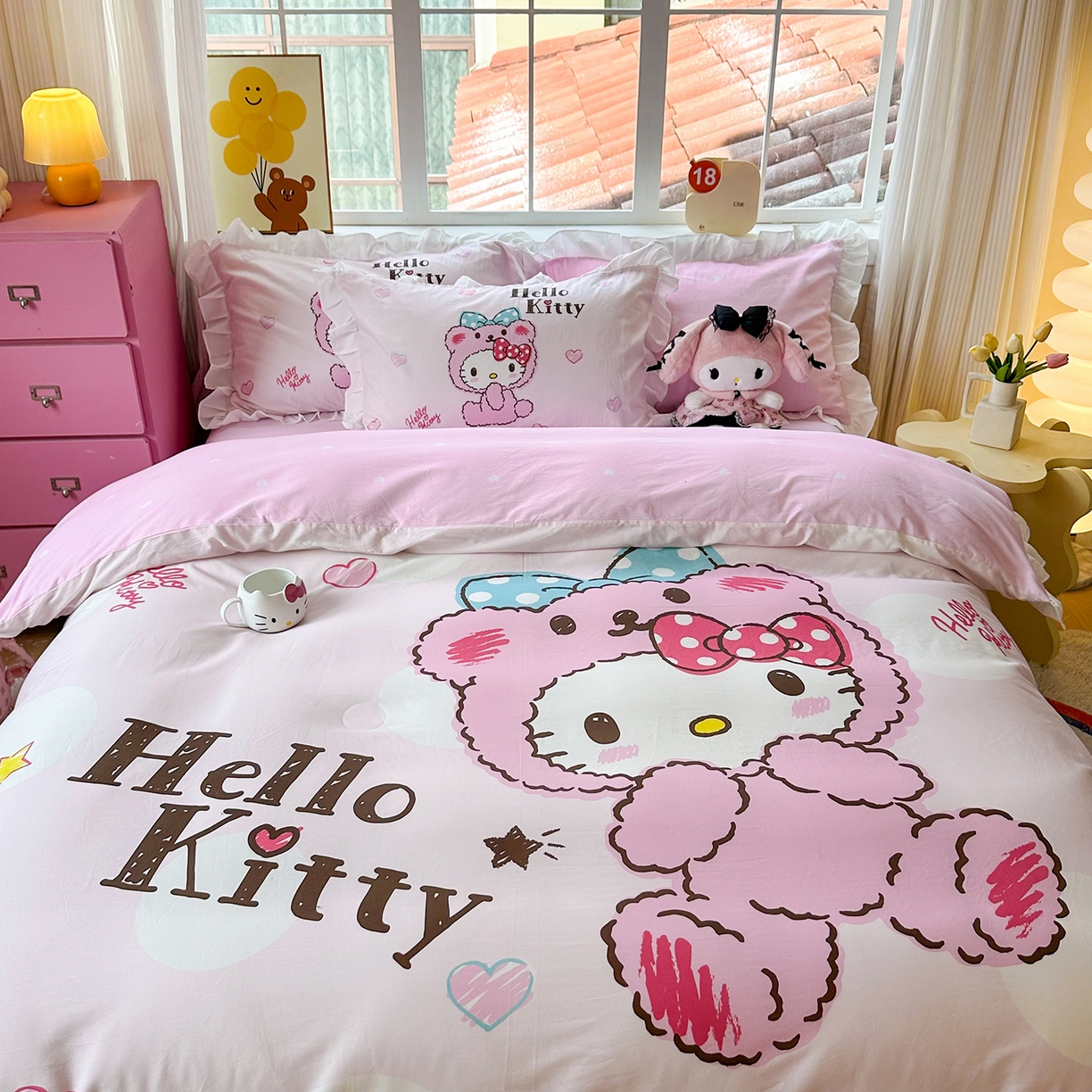 91家纺网 家纺一手货源 找家纺 玉元坊 2026新款三丽鸥正版授权凯蒂猫床单床笠床裙全棉纯棉三四件套 宝宝凯蒂猫-白花边