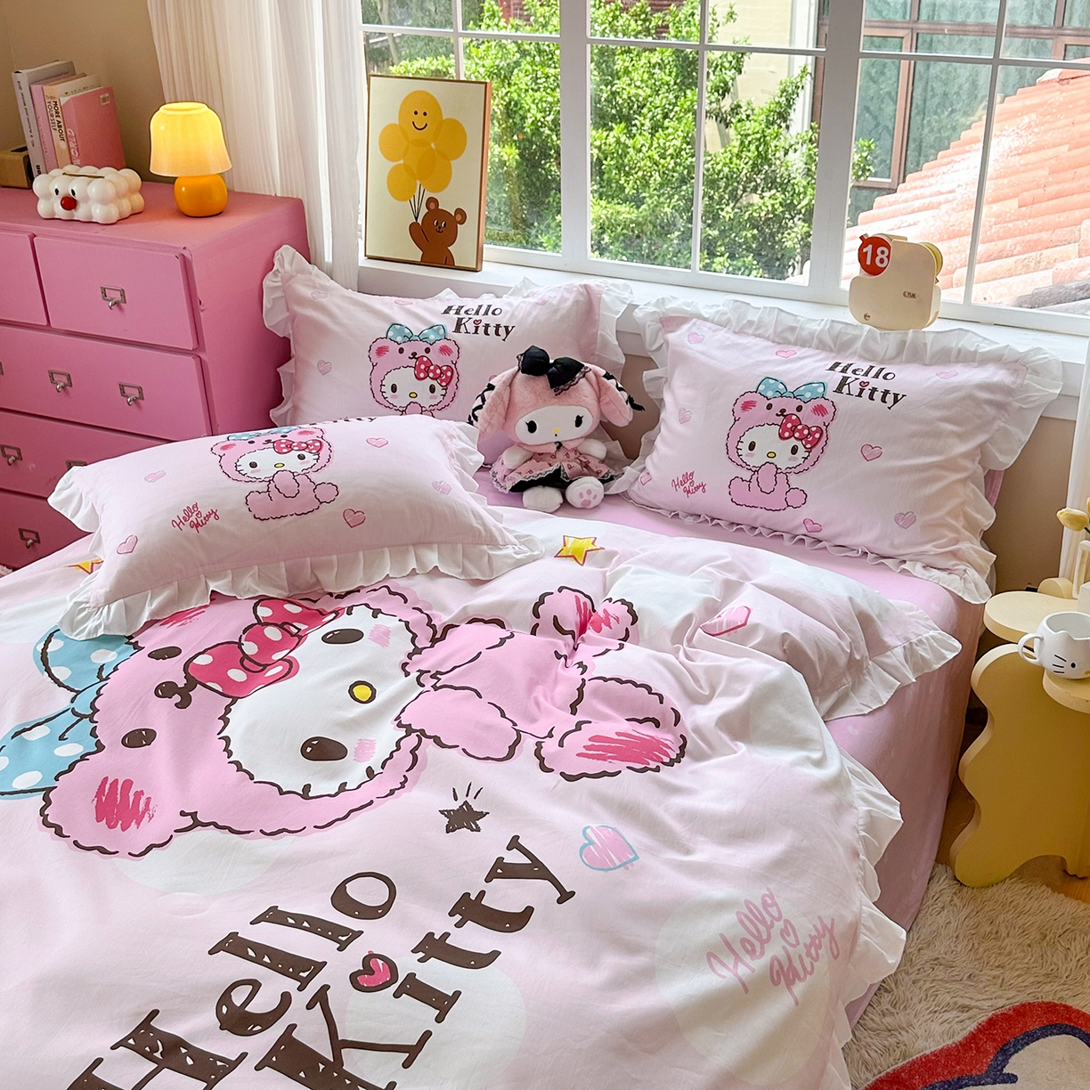 91家纺网 家纺一手货源 找家纺 玉元坊 2026新款三丽鸥正版授权凯蒂猫床单床笠床裙全棉纯棉三四件套 宝宝凯蒂猫-白花边