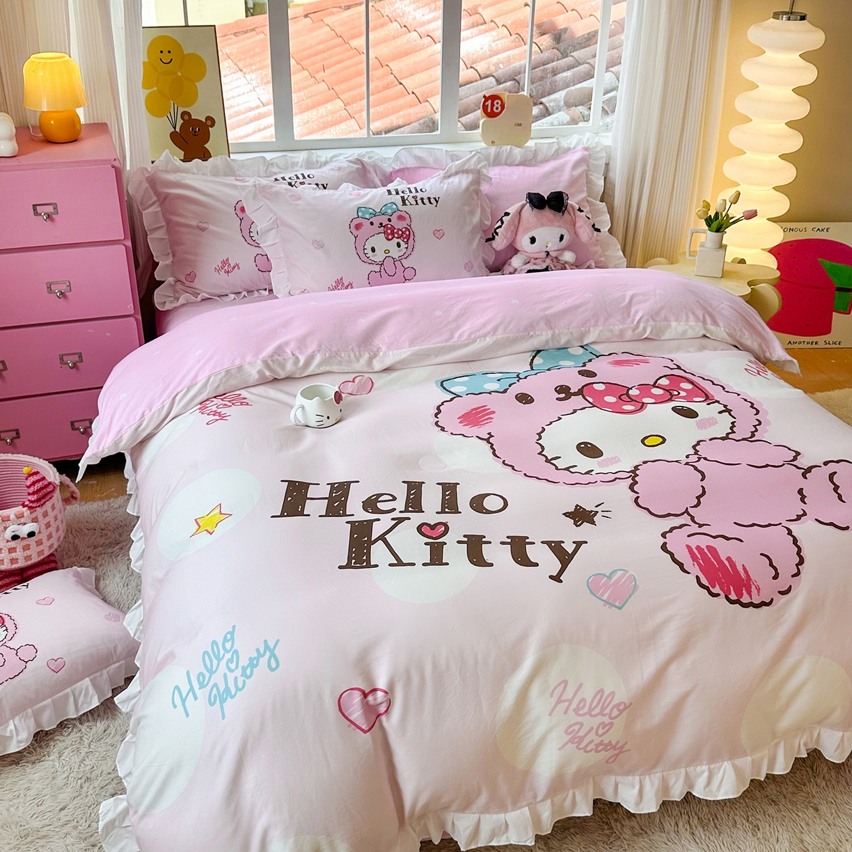 91家纺网 家纺一手货源 找家纺 玉元坊 2026新款三丽鸥正版授权凯蒂猫床单床笠床裙全棉纯棉三四件套 宝宝凯蒂猫-白花边