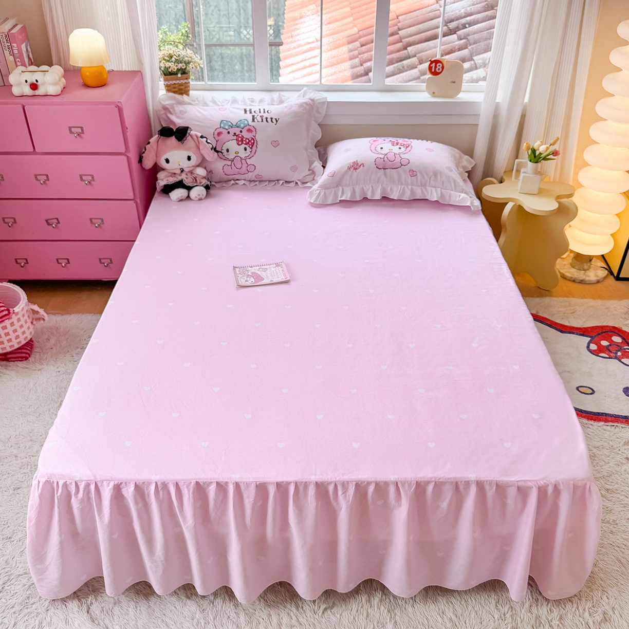 91家纺网 家纺一手货源 找家纺 玉元坊 2026新款三丽鸥正版授权凯蒂猫床单床笠床裙全棉纯棉三四件套 宝宝凯蒂猫-白花边