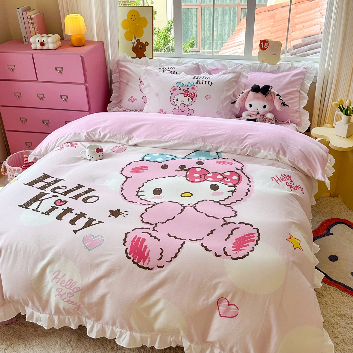 91家纺网 家纺一手货源 找家纺 玉元坊 2026新款三丽鸥正版授权凯蒂猫床单床笠床裙全棉纯棉三四件套 宝宝凯蒂猫-白花边