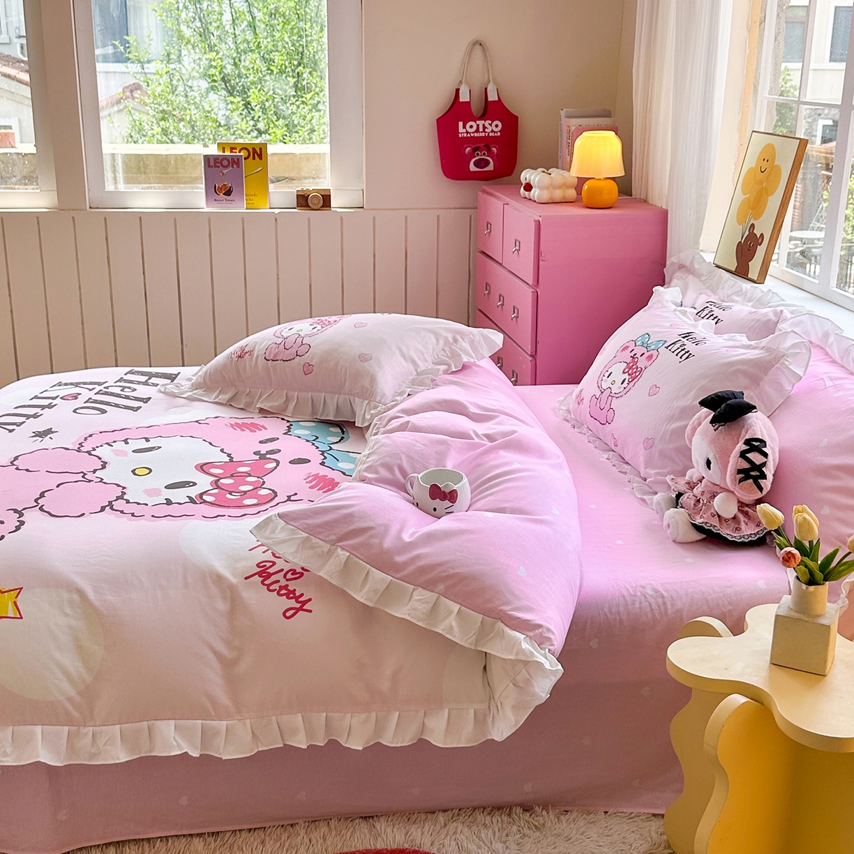 91家纺网 家纺一手货源 找家纺 玉元坊 2026新款三丽鸥正版授权凯蒂猫床单床笠床裙全棉纯棉三四件套 宝宝凯蒂猫-白花边