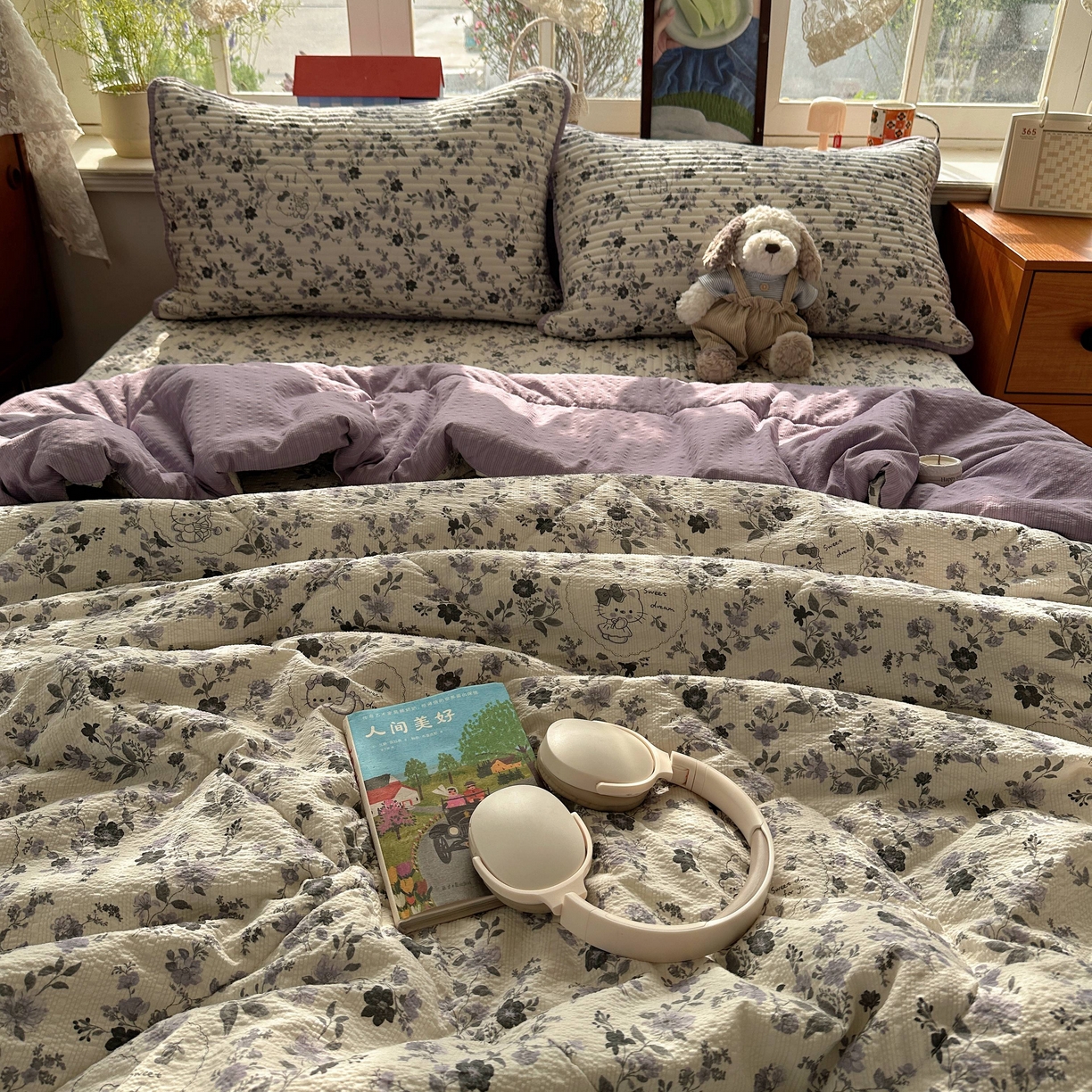 91家纺网 家纺一手货源 找家纺 贝扬思家纺 2026春夏新款高品质A类泡芙纱床盖夏被夏凉被空调被四件套-青提系列 青提-秘境小紫猫