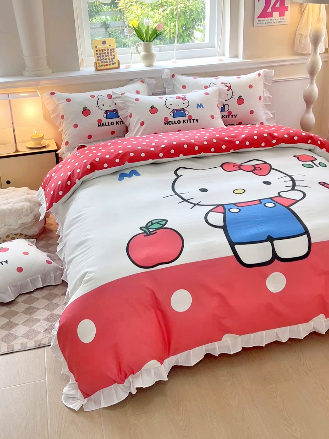 91家纺网 家纺一手货源 找家纺 玉元坊 2026新款三丽鸥正版授权凯蒂猫床单床笠床裙全棉纯棉三四件套 大版苹果KT-白花边