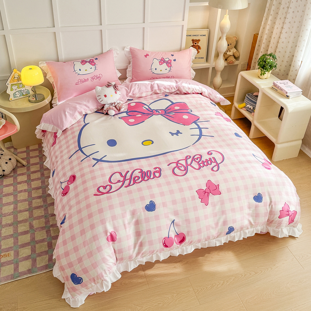 91家纺网 家纺一手货源 找家纺 玉元坊 2026新款三丽鸥正版授权凯蒂猫床单床笠床裙全棉纯棉三四件套 大版花边-俏皮凯蒂