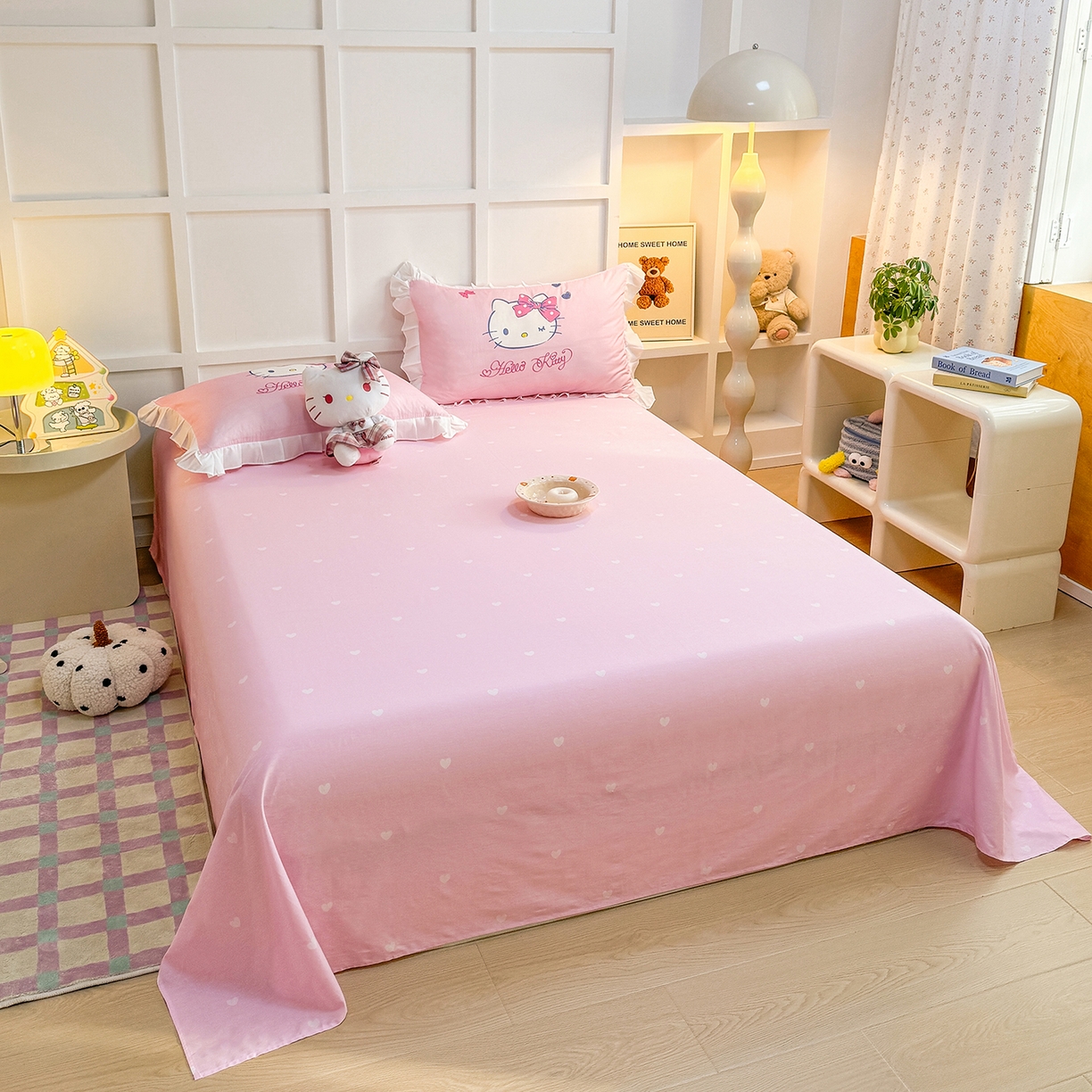 91家纺网 家纺一手货源 找家纺 玉元坊 2026新款三丽鸥正版授权凯蒂猫床单床笠床裙全棉纯棉三四件套 大版花边-俏皮凯蒂