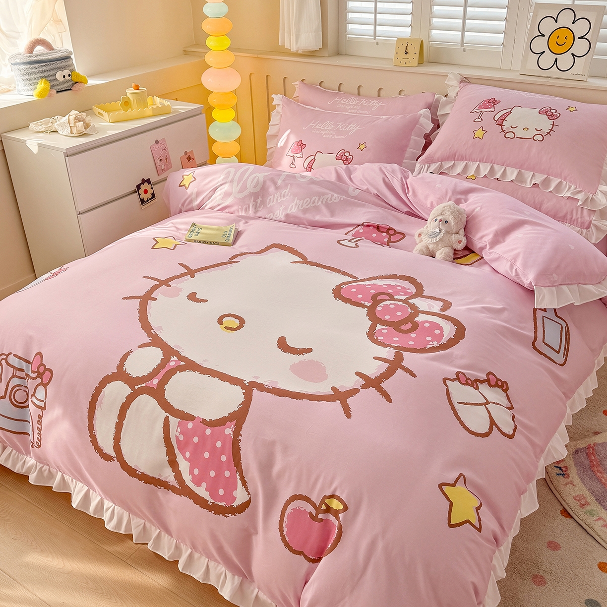 91家纺网 家纺一手货源 找家纺 玉元坊 2026新款三丽鸥正版授权凯蒂猫床单床笠床裙全棉纯棉三四件套 大版花边-晚安凯蒂