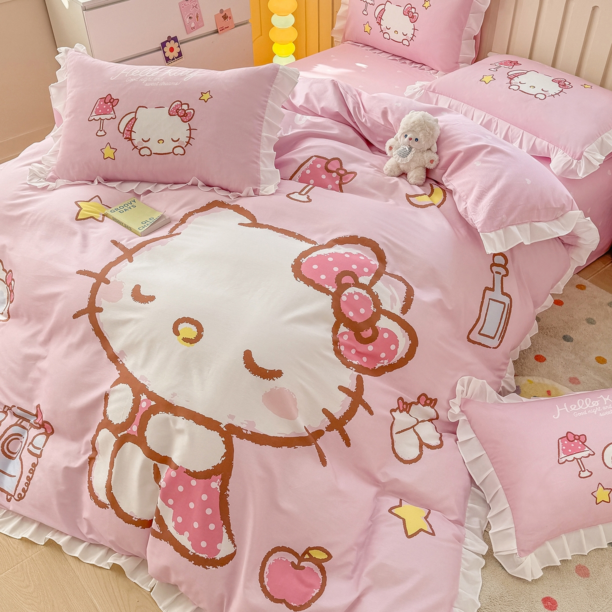 91家纺网 家纺一手货源 找家纺 玉元坊 2026新款三丽鸥正版授权凯蒂猫床单床笠床裙全棉纯棉三四件套 大版花边-晚安凯蒂