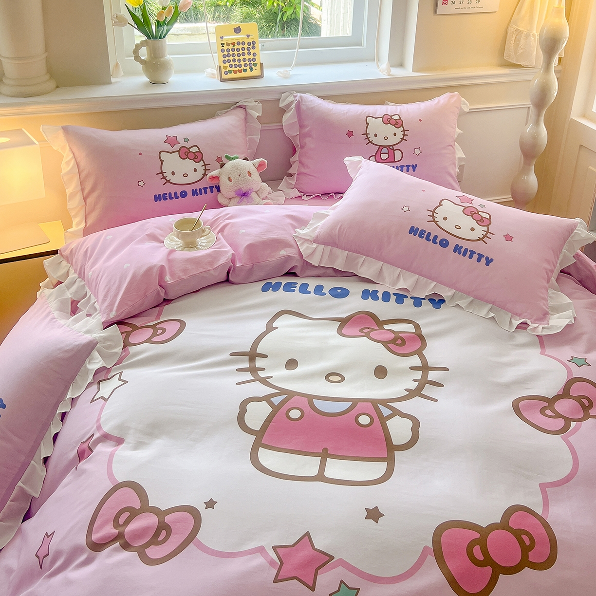 91家纺网 家纺一手货源 找家纺 玉元坊 2026新款三丽鸥正版授权凯蒂猫床单床笠床裙全棉纯棉三四件套 大版凯蒂-白花边