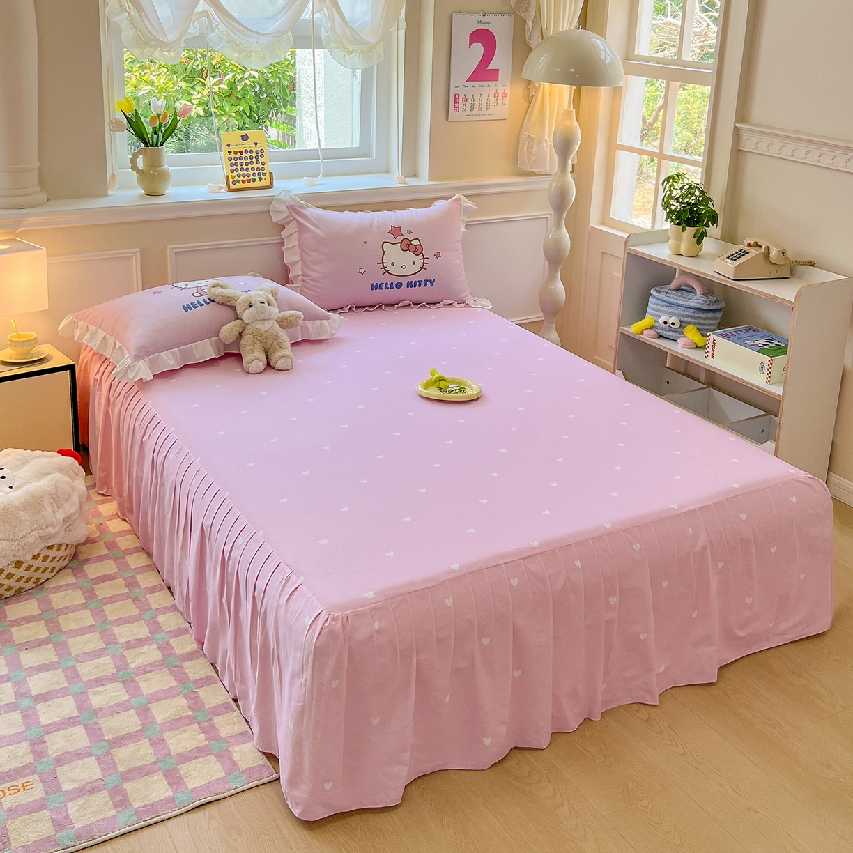 91家纺网 家纺一手货源 找家纺 玉元坊 2026新款三丽鸥正版授权凯蒂猫床单床笠床裙全棉纯棉三四件套 大版凯蒂-白花边