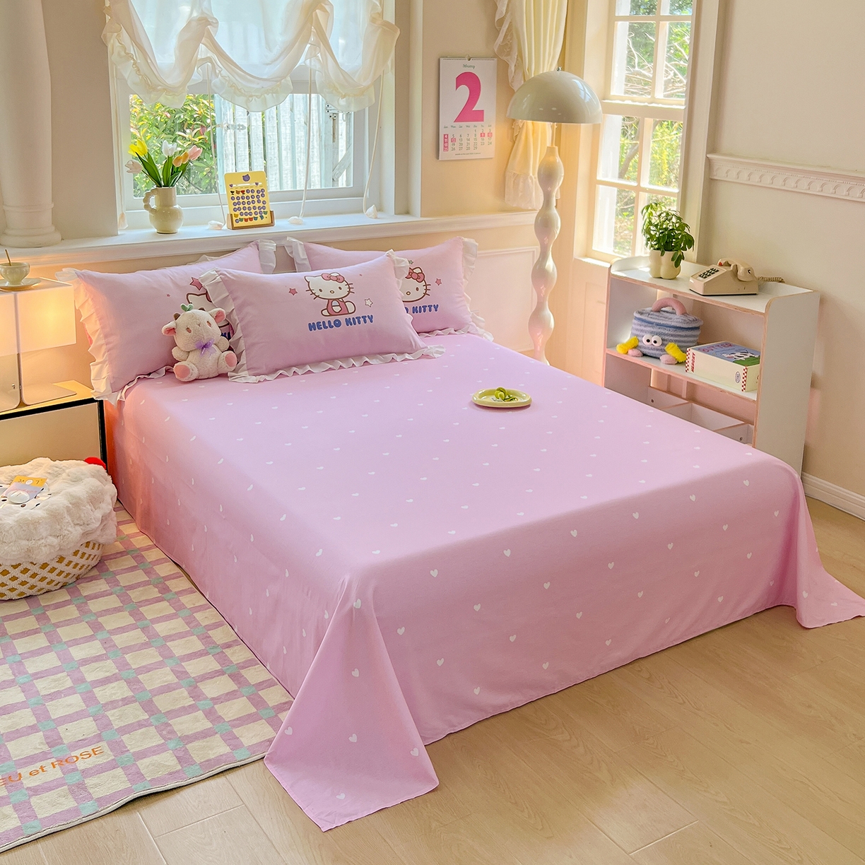 91家纺网 家纺一手货源 找家纺 玉元坊 2026新款三丽鸥正版授权凯蒂猫床单床笠床裙全棉纯棉三四件套 大版凯蒂-白花边