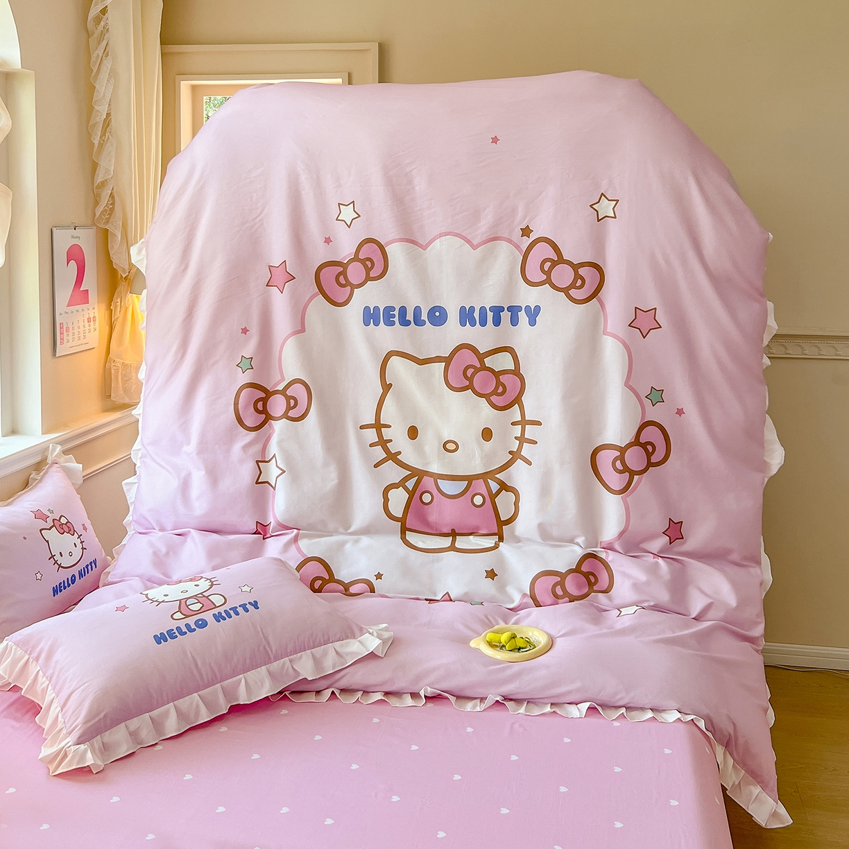 91家纺网 家纺一手货源 找家纺 玉元坊 2026新款三丽鸥正版授权凯蒂猫床单床笠床裙全棉纯棉三四件套 大版凯蒂-白花边