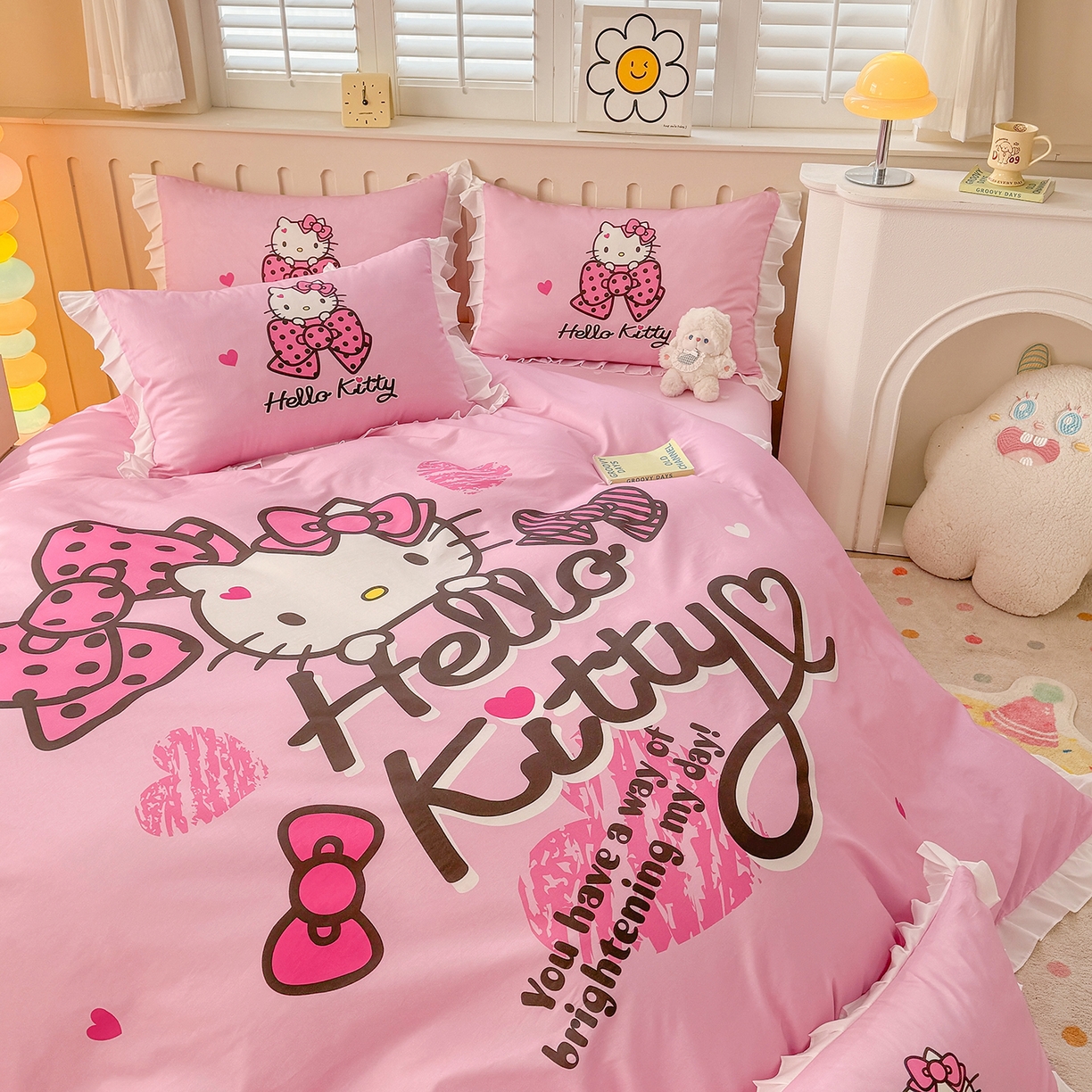 91家纺网 家纺一手货源 找家纺 玉元坊 2026新款三丽鸥正版授权凯蒂猫床单床笠床裙全棉纯棉三四件套 凯蒂宝贝-白花边