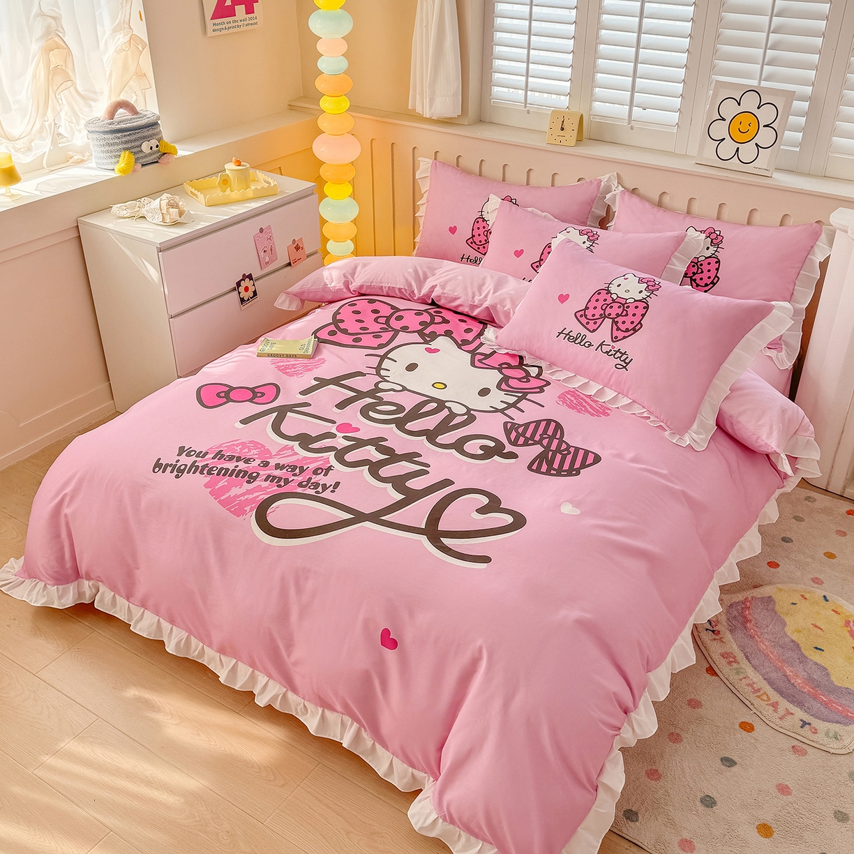 91家纺网 家纺一手货源 找家纺 玉元坊 2026新款三丽鸥正版授权凯蒂猫床单床笠床裙全棉纯棉三四件套 凯蒂宝贝-白花边