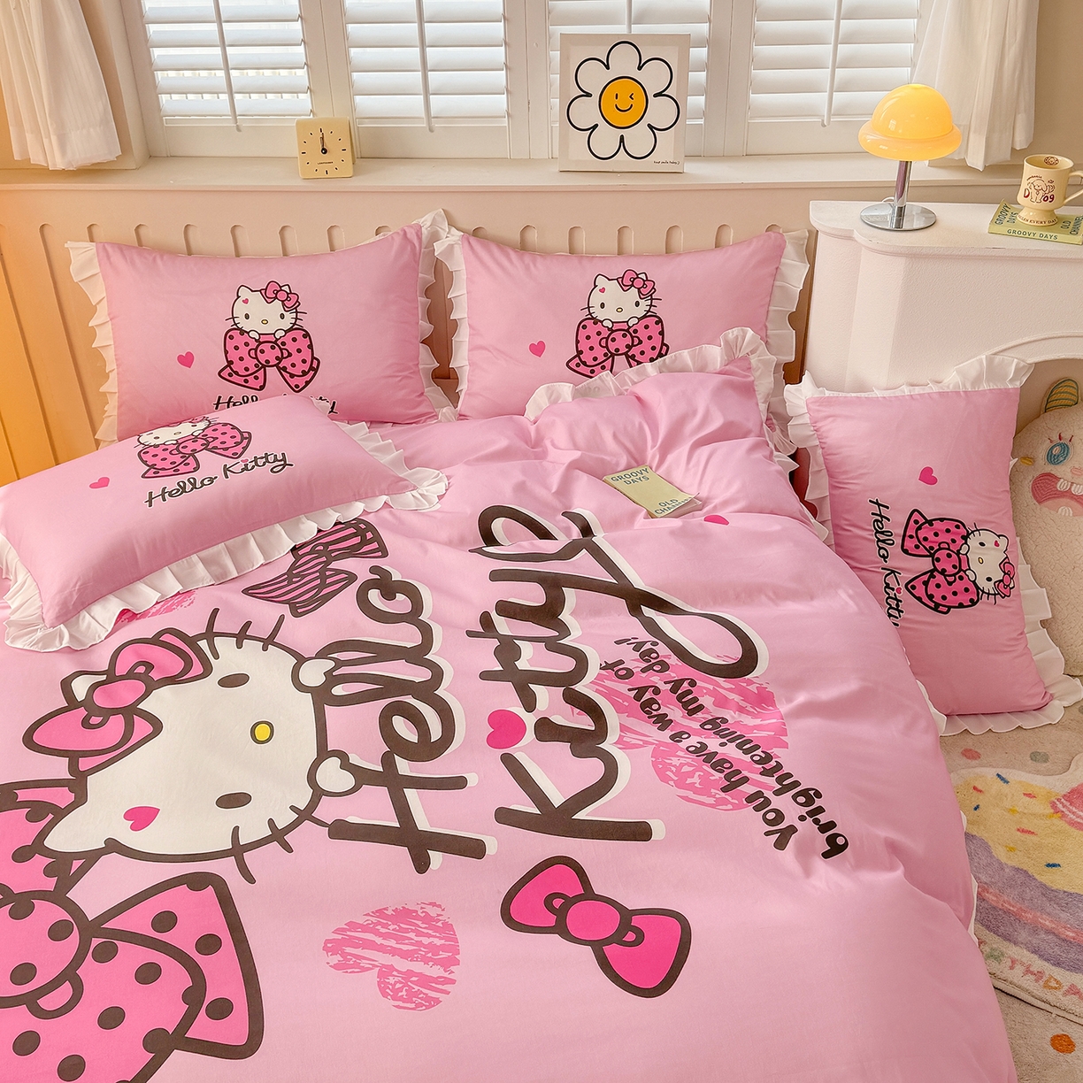 91家纺网 家纺一手货源 找家纺 玉元坊 2026新款三丽鸥正版授权凯蒂猫床单床笠床裙全棉纯棉三四件套 凯蒂宝贝-白花边