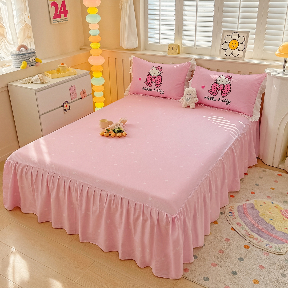 91家纺网 家纺一手货源 找家纺 玉元坊 2026新款三丽鸥正版授权凯蒂猫床单床笠床裙全棉纯棉三四件套 凯蒂宝贝-白花边