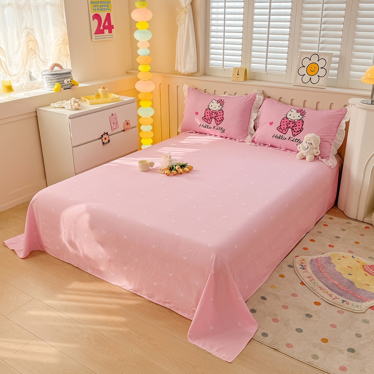 91家纺网 家纺一手货源 找家纺 玉元坊 2026新款三丽鸥正版授权凯蒂猫床单床笠床裙全棉纯棉三四件套 凯蒂宝贝-白花边