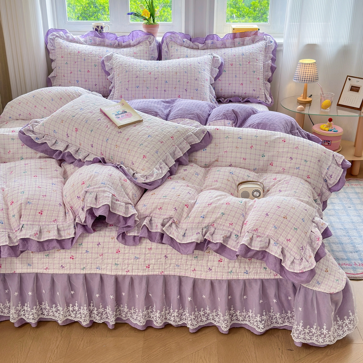 91家纺网 家纺一手货源 找家纺 （总）雅眠居 2026直播爆款泡芙双层纱蕾丝花边被套款床盖款四件套