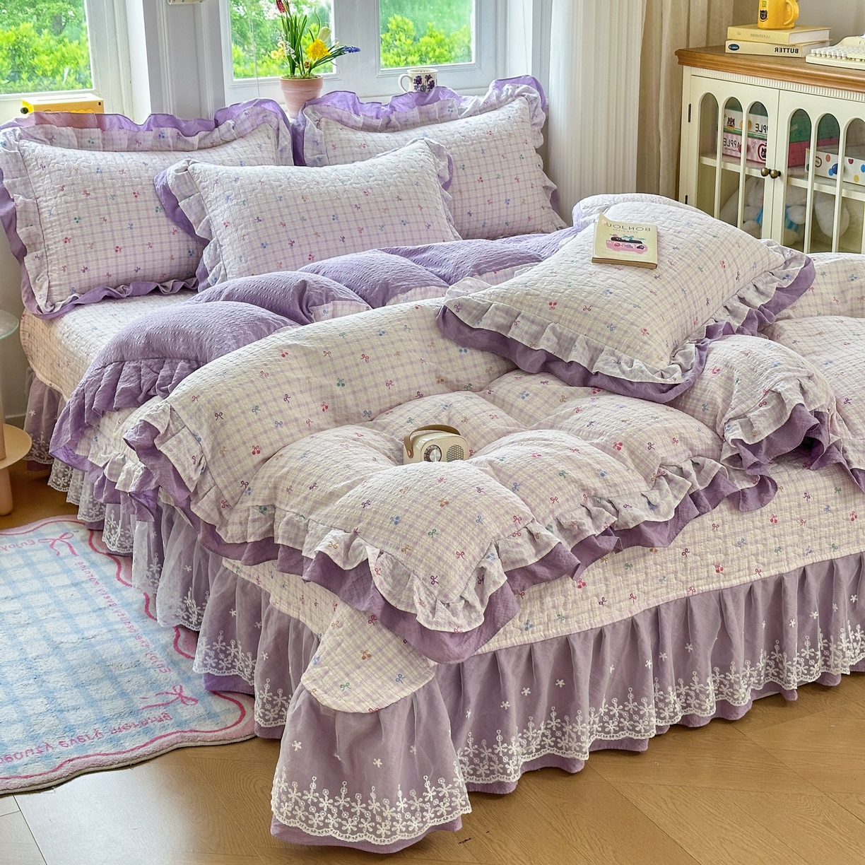 91家纺网 家纺一手货源 找家纺 雅眠居 2026直播爆款泡芙双层纱蕾丝花边被套款床盖款四件套 彩结