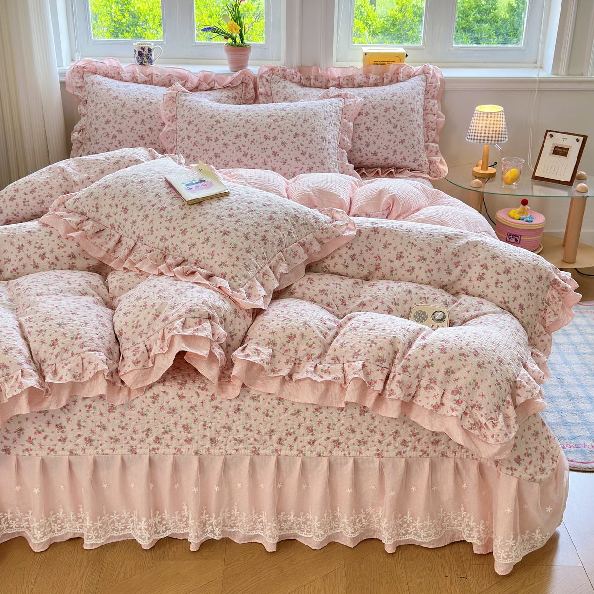 雅眠居 2026直播爆款泡芙双层纱蕾丝花边被套款床盖款四件套 粉薇