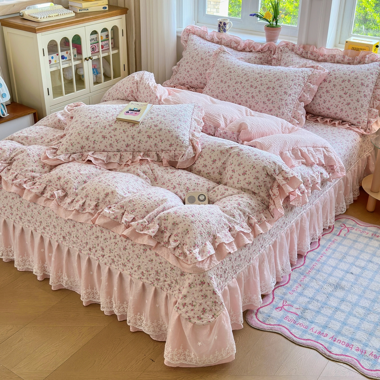 91家纺网 家纺一手货源 找家纺 雅眠居 2026直播爆款泡芙双层纱蕾丝花边被套款床盖款四件套 粉薇