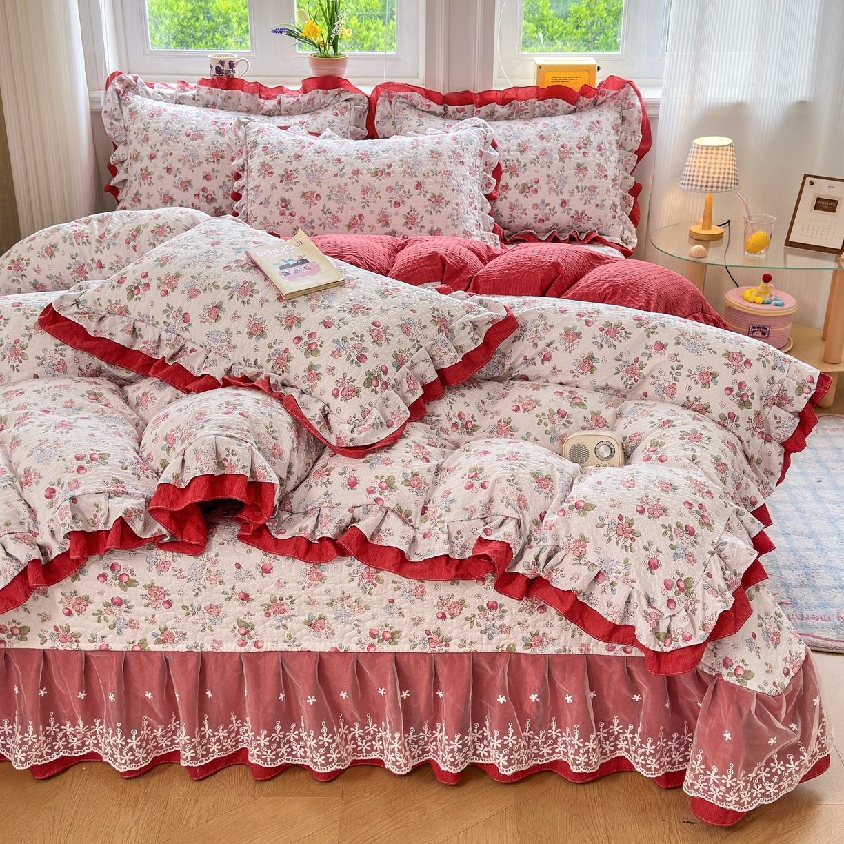 雅眠居 2026直播爆款泡芙双层纱蕾丝花边被套款床盖款四件套 甜果