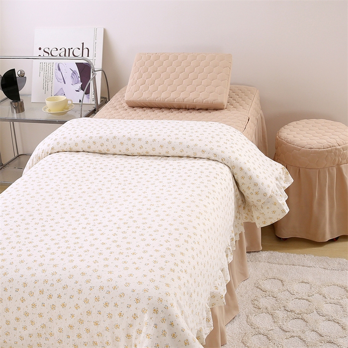 91家纺网 家纺一手货源 找家纺 乐逸家纺 2026新款源头工厂美容床罩套件可定制可以刺绣logo四季款亲肤 小清新栀子海拼驼