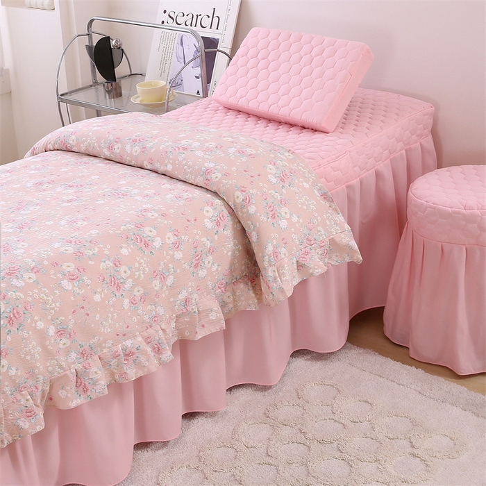 91家纺网 家纺一手货源 找家纺 乐逸家纺 2026新款源头工厂美容床罩套件可定制可以刺绣logo四季款亲肤 小清新粉拼浅玉