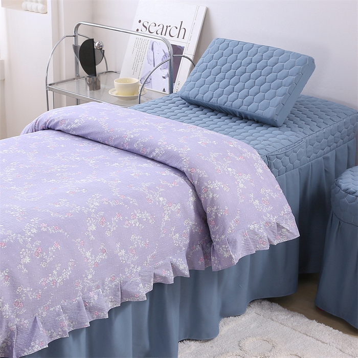 91家纺网 家纺一手货源 找家纺 乐逸家纺 2026新款源头工厂美容床罩套件可定制可以刺绣logo四季款亲肤 小清新紫拼蓝