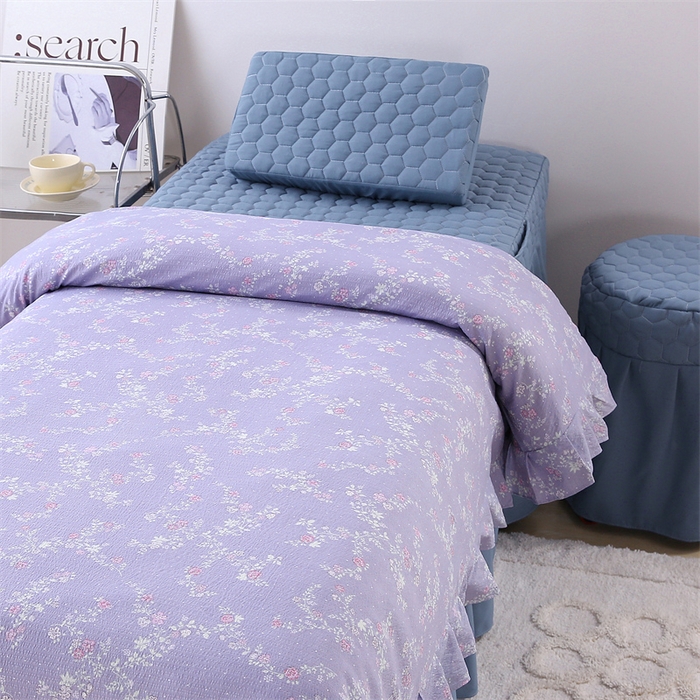 91家纺网 家纺一手货源 找家纺 乐逸家纺 2026新款源头工厂美容床罩套件可定制可以刺绣logo四季款亲肤 小清新紫拼蓝