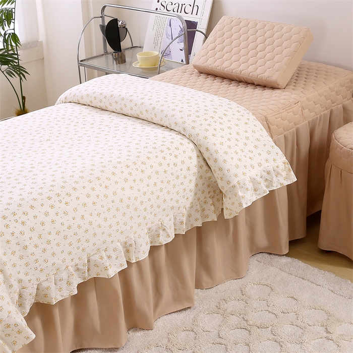 91家纺网 家纺一手货源 找家纺 乐逸家纺 2026新款源头工厂美容床罩套件可定制可以刺绣logo四季款亲肤 小清新栀子海拼驼