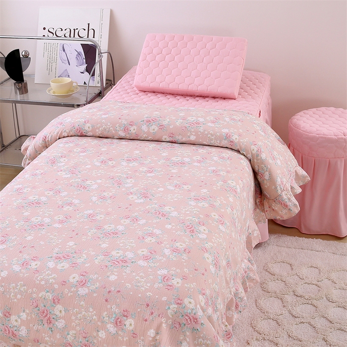 91家纺网 家纺一手货源 找家纺 乐逸家纺 2026新款源头工厂美容床罩套件可定制可以刺绣logo四季款亲肤 小清新粉拼浅玉