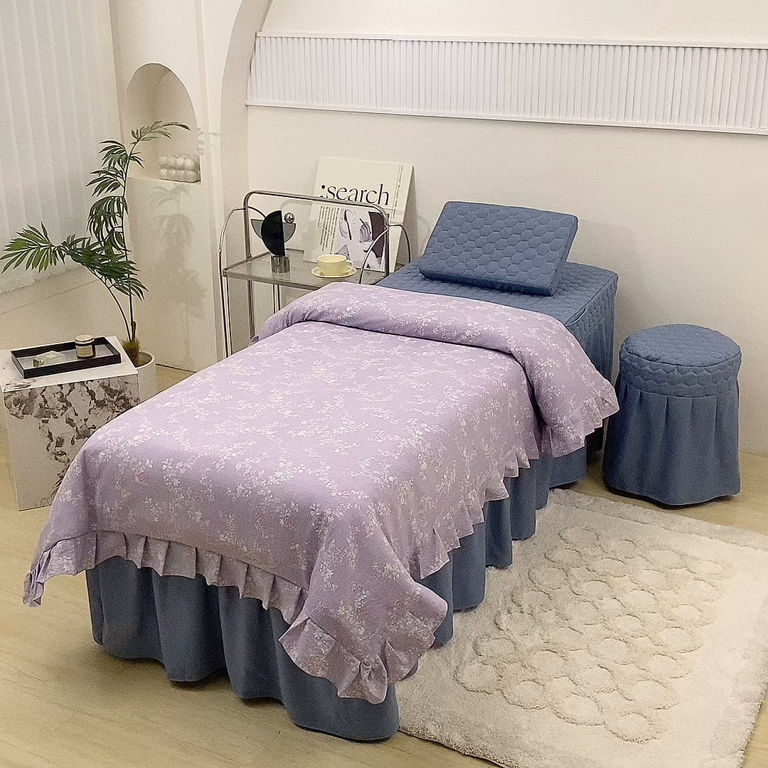 91家纺网 家纺一手货源 找家纺 乐逸家纺 2026新款源头工厂美容床罩套件可定制可以刺绣logo四季款亲肤 小清新紫拼蓝