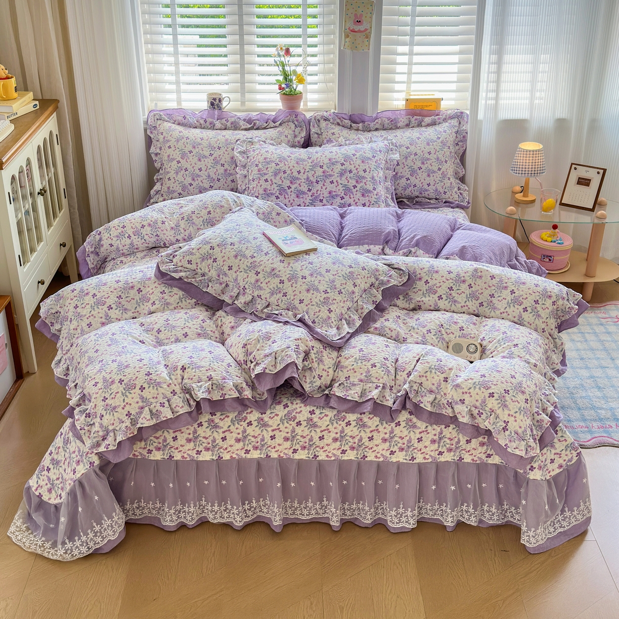 91家纺网 家纺一手货源 找家纺 （总）雅眠居 2026直播爆款泡芙双层纱蕾丝花边被套款床盖款四件套