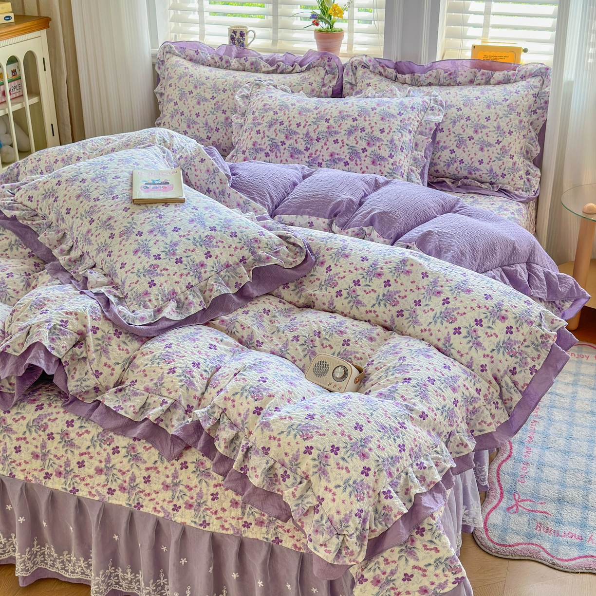 91家纺网 家纺一手货源 找家纺 （总）雅眠居 2026直播爆款泡芙双层纱蕾丝花边被套款床盖款四件套