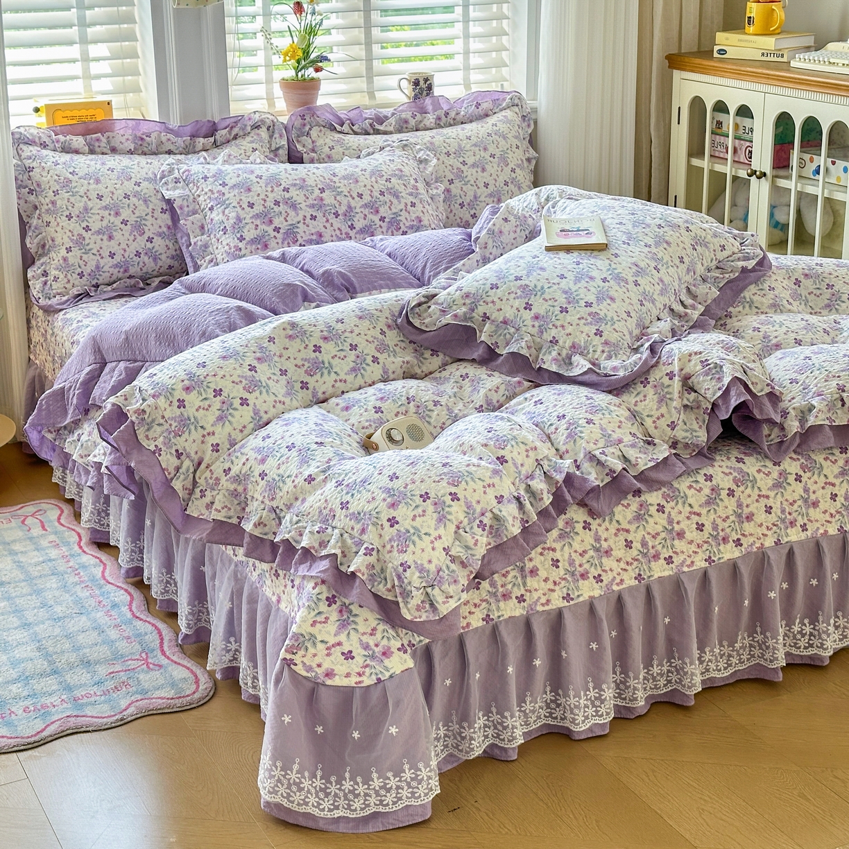 91家纺网 家纺一手货源 找家纺 （总）雅眠居 2026直播爆款泡芙双层纱蕾丝花边被套款床盖款四件套