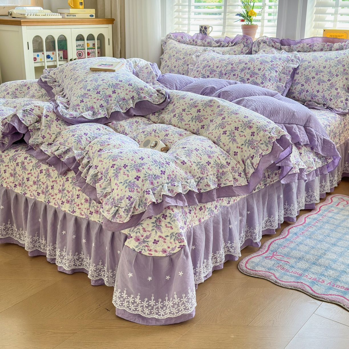 91家纺网 家纺一手货源 找家纺 （总）雅眠居 2026直播爆款泡芙双层纱蕾丝花边被套款床盖款四件套