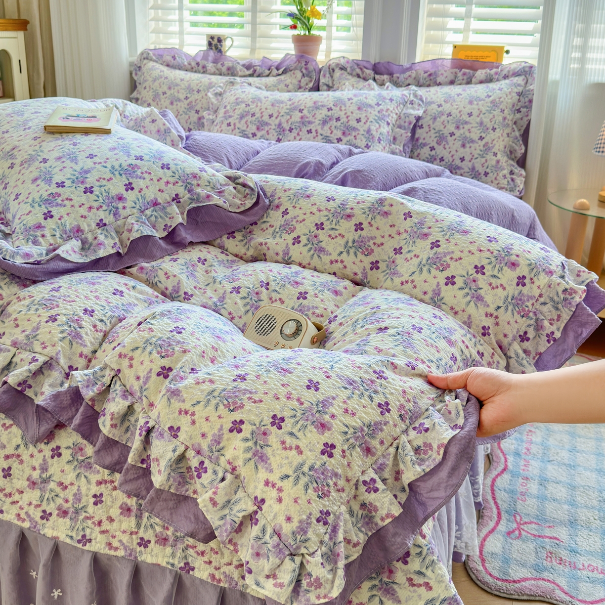 91家纺网 家纺一手货源 找家纺 （总）雅眠居 2026直播爆款泡芙双层纱蕾丝花边被套款床盖款四件套