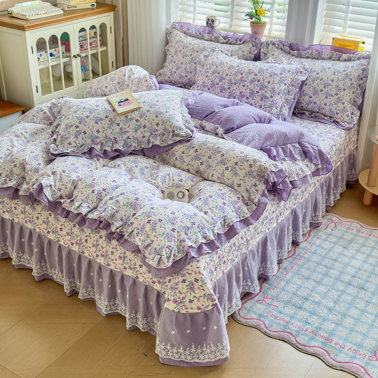 91家纺网 家纺一手货源 找家纺 （总）雅眠居 2026直播爆款泡芙双层纱蕾丝花边被套款床盖款四件套