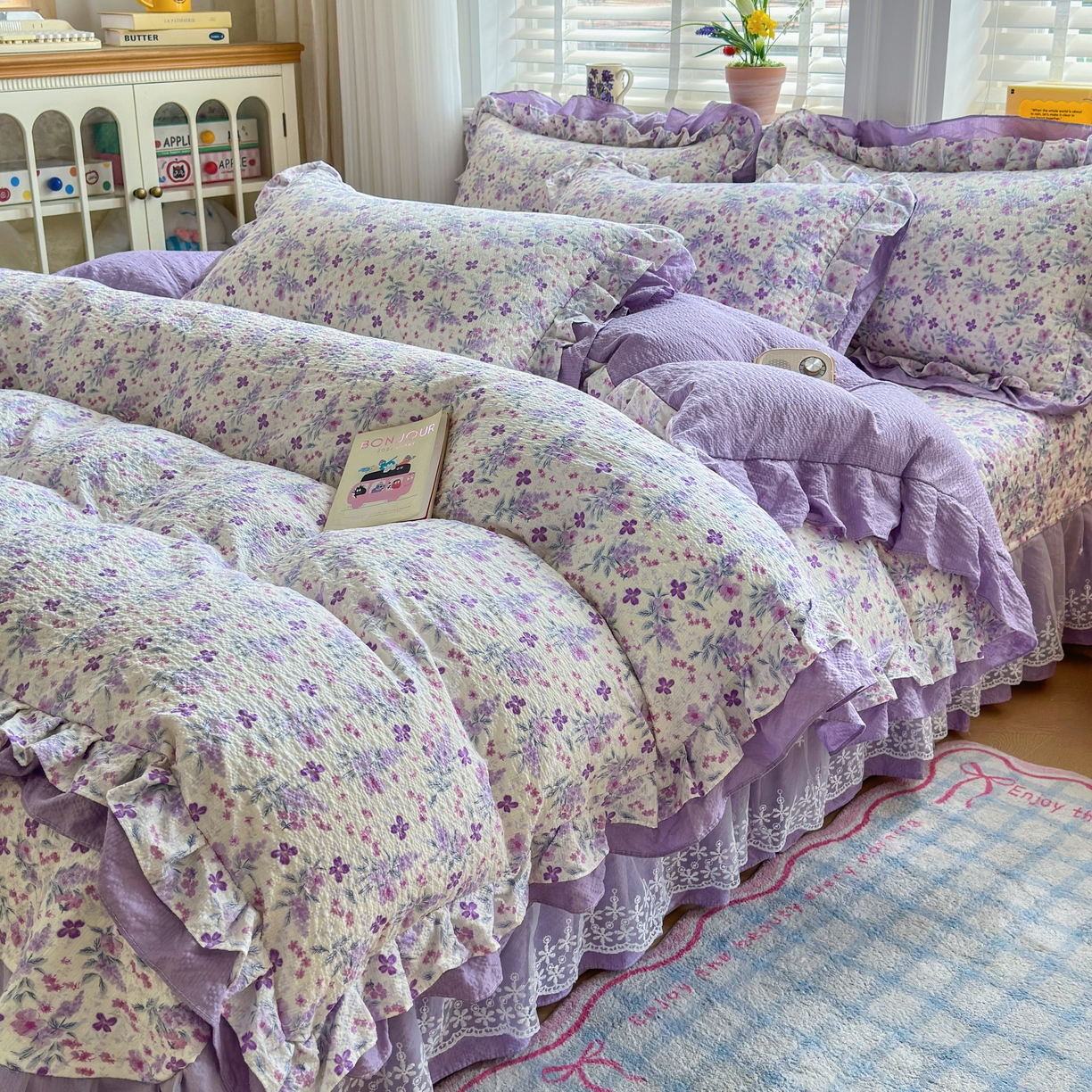 91家纺网 家纺一手货源 找家纺 （总）雅眠居 2026直播爆款泡芙双层纱蕾丝花边被套款床盖款四件套